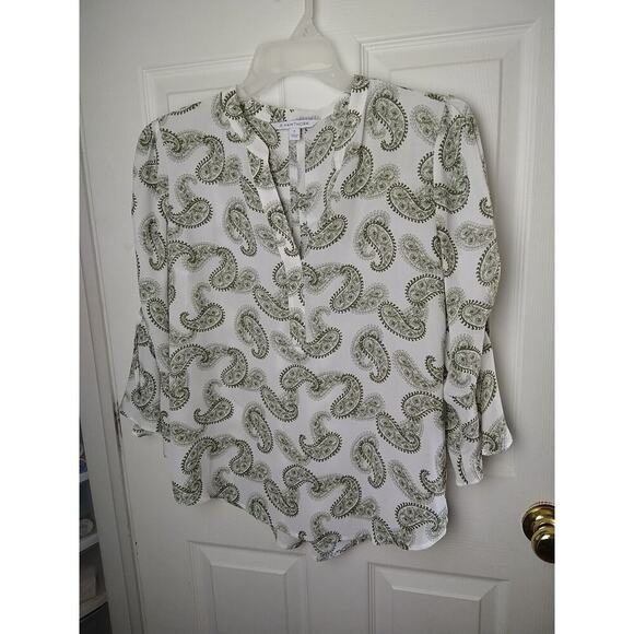41 Hawthorn Tops - 41Hawthorn Green White Paisley V Neck Belle Flare Tie Sleeves Sheer. Size M